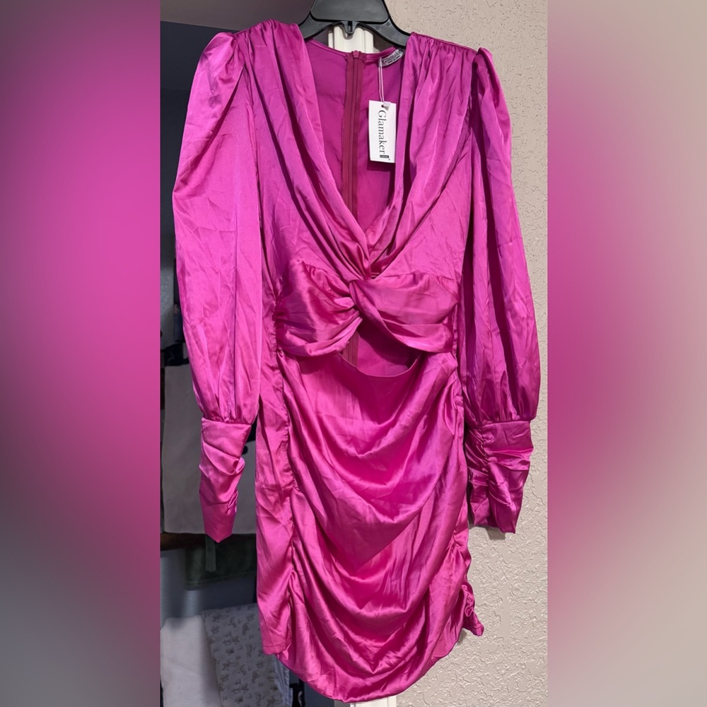 Pink Ruched Bodycon Dress with Bishop Sleeves